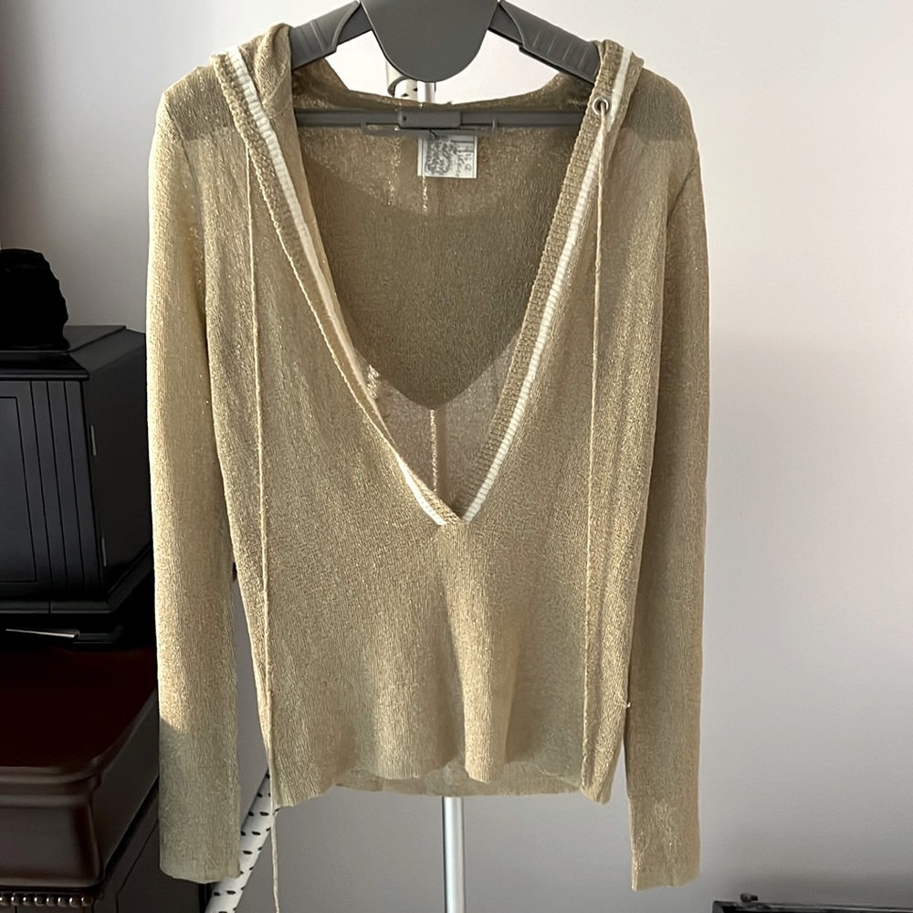 Mihoko Saito Sheer Metallic Gold Hoodie Drawstring Deep V-Neck Low Cut Small